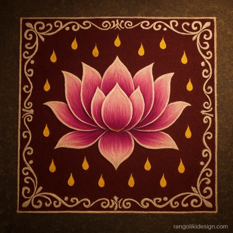 Lakshmi rangoli designs with a shaded 3D lotus and gold coin rain