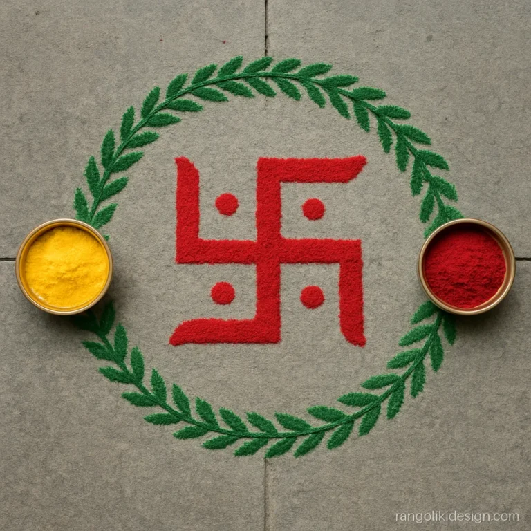 Simple laxmi rangoli designs with haldi and kumkum bowls beside a swastik