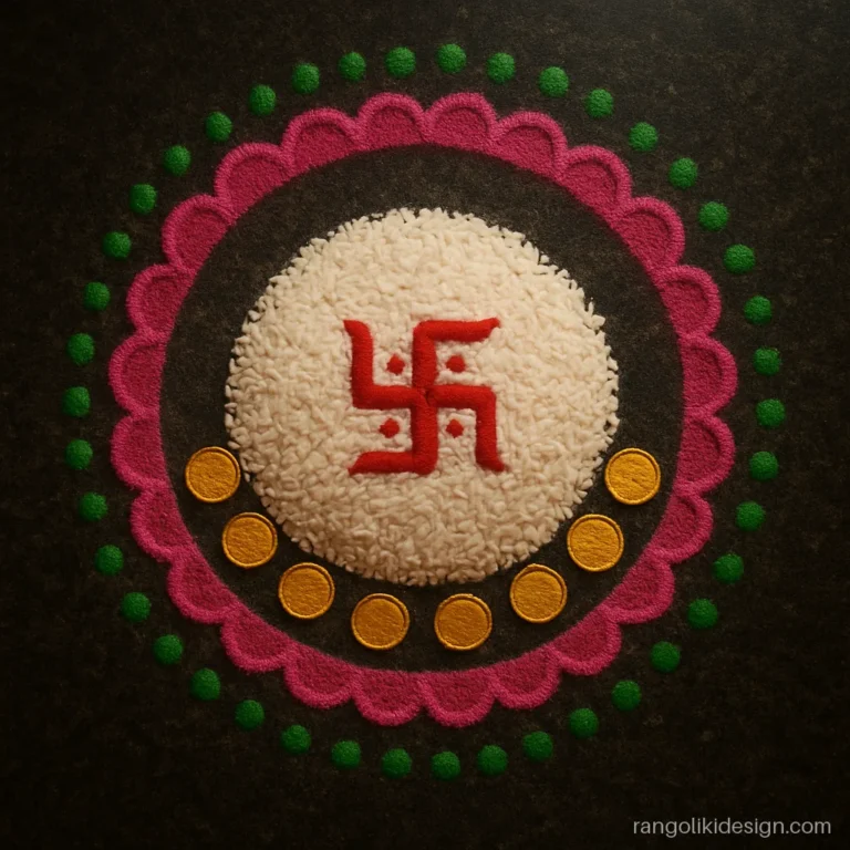 Laxmi rangoli design with a heap of rice, coins and a swastik on top
