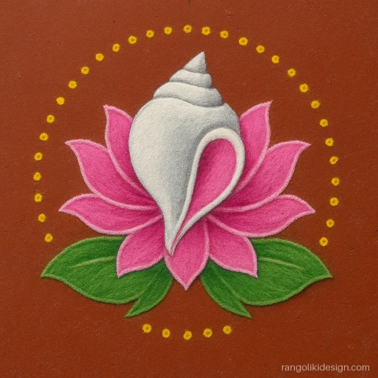 Easy mahalaxmi rangoli of a white conch resting on a pink lotus