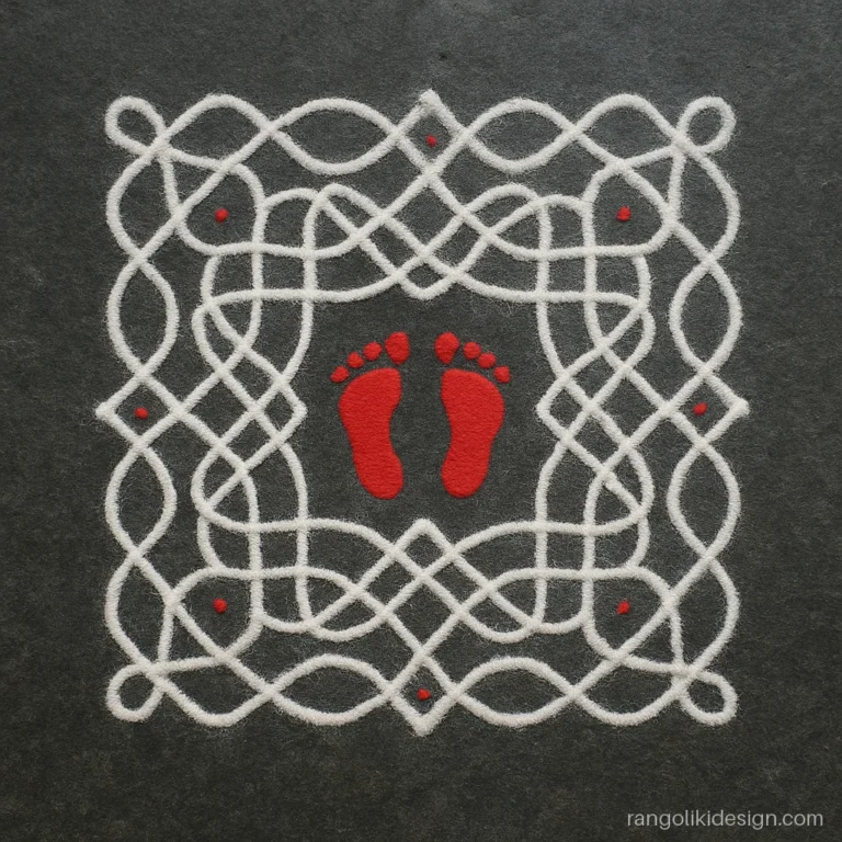Laxmi rangoli design with feet in a 15 dot kolam style frame