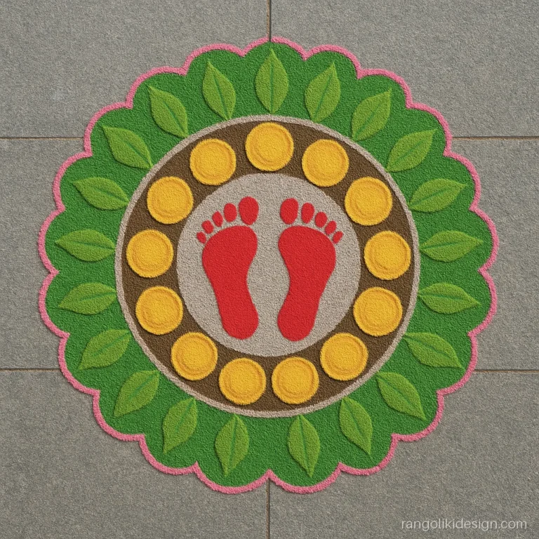 Laxmi mata foot rangoli designs for Diwali with feet in a coin circle