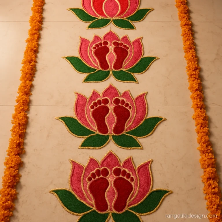 Laxmi mata feet rangoli designs for Diwali with each footprint on a lotus