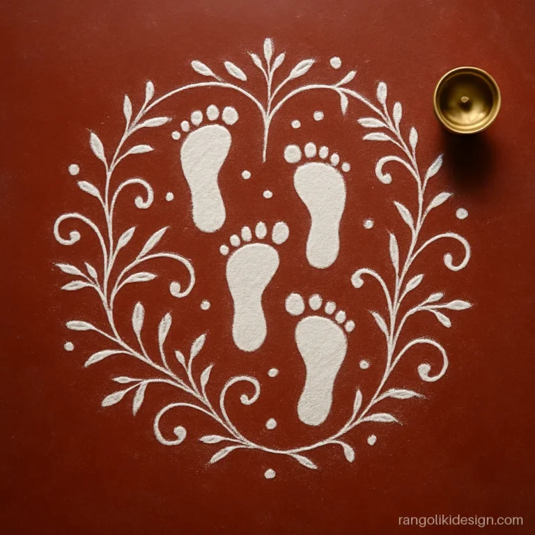 Simple rangoli designs with Lakshmi feet in white rice paste on a red floor