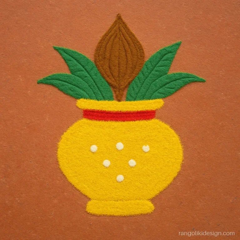Laxmi puja rangoli designs simple with a kalash on a 7 to 4 dot grid