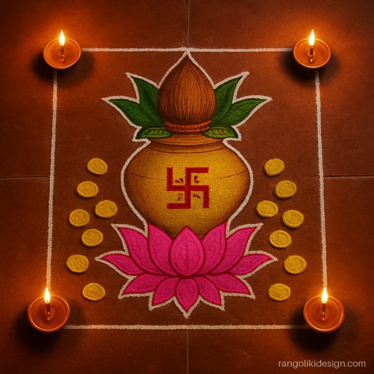 Diwali laxmi pooja rangoli design with a kalash on a lotus and spilling coins