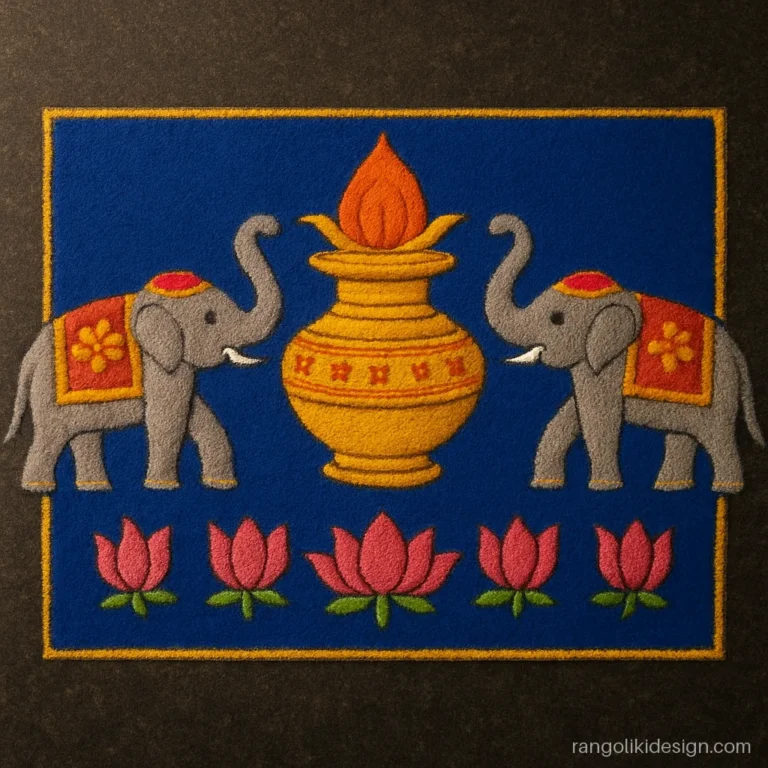 Mahalaxmi rangoli design with a kalash between two elephants with raised trunks