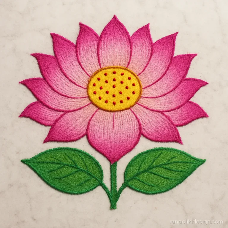 Kamal rangoli design with a 16 petal pink lotus and yellow centre