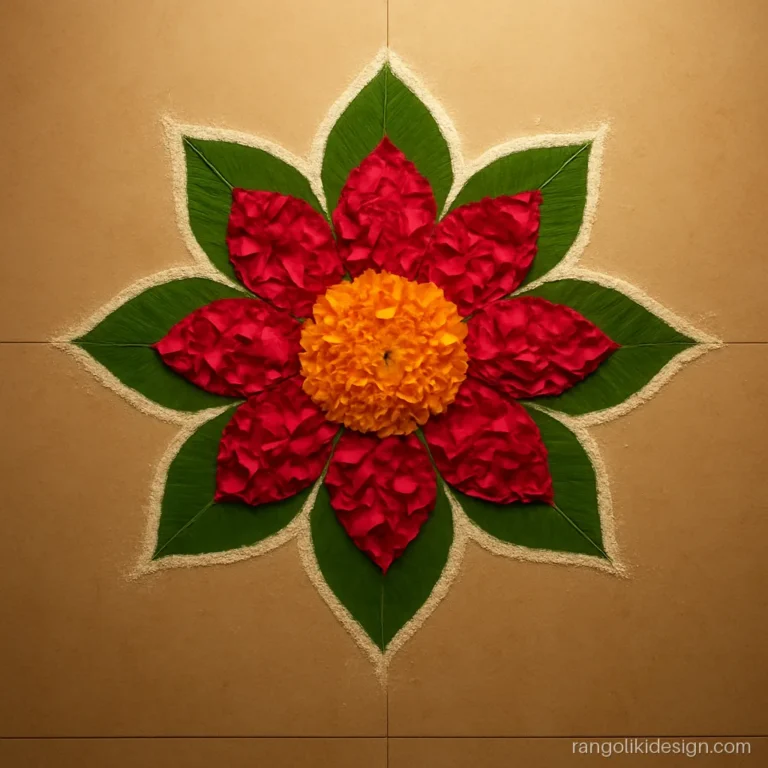 Easy laxmi rangoli designs made of real rose and marigold petals in a lotus
