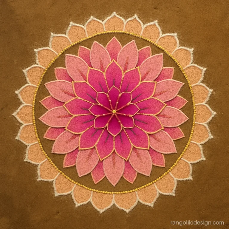 Lakshmi pujan rangoli designs with lotus mandala rings in pink and gold