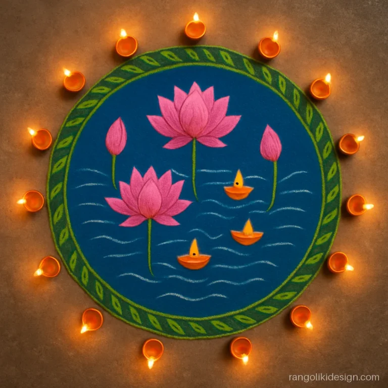 Laxmi rangoli designs for Diwali with lotus pond and floating diyas