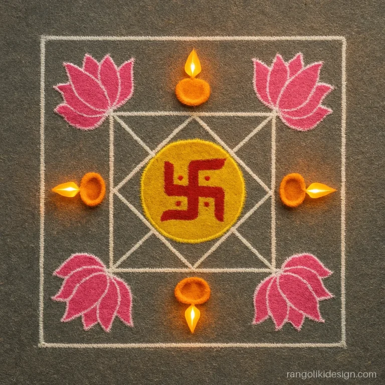 Laxmi pujan rangoli design for an office door with four lotuses and diyas