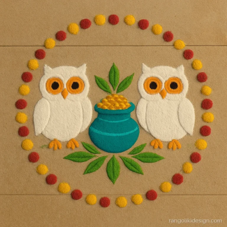 Laxmi pujan rangoli designs with two white owls beside a coin kalash