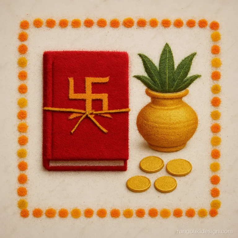 Lakshmi puja rangoli with a red account book, kalash and coins for Chopda Pujan