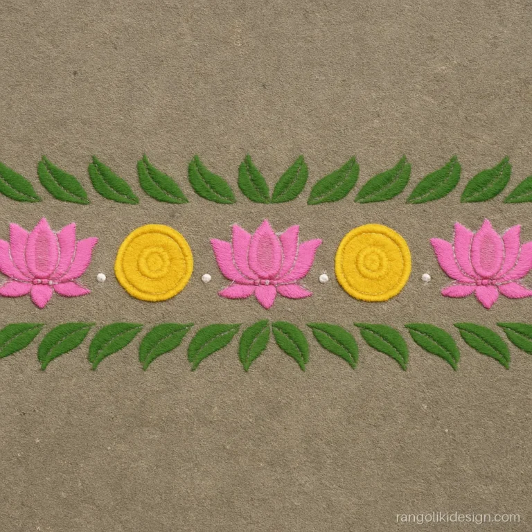 Rangoli for laxmi pujan as a long strip of lotuses and coins at a shop step
