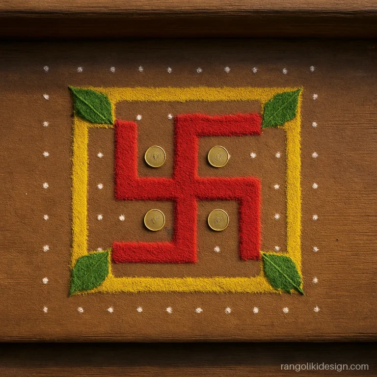 Easy laxmi rangoli designs with swastik and coins on an 11 dot square grid