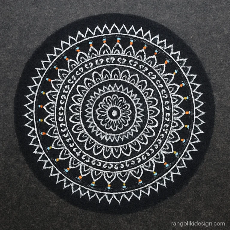 Mandala art rangoli designs in fine white lines on a dark circle