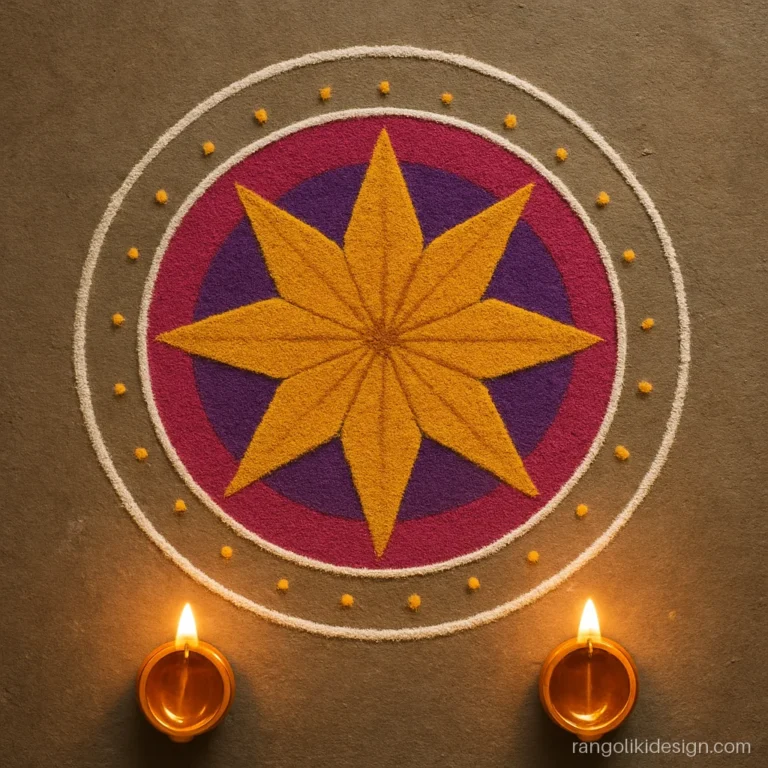 Diwali easy mandala rangoli designs with a gold star and purple fill