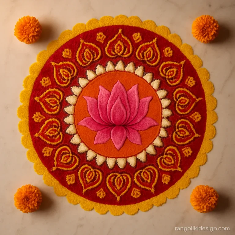 Beautiful mandala rangoli designs with a pink lotus centre and red paisley ring