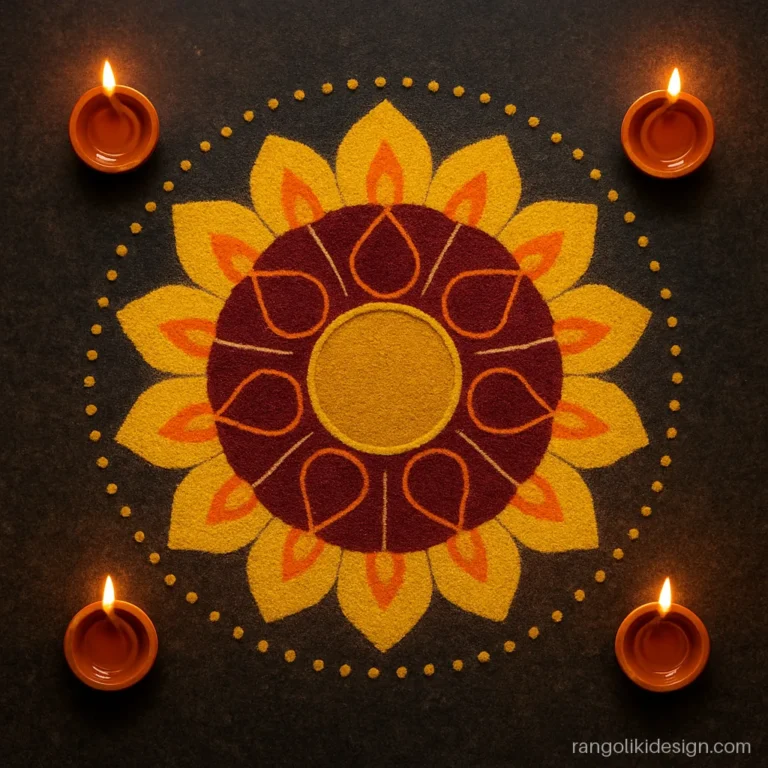 Mandala rangoli designs for diwali with a ring of eight drawn diyas in maroon
