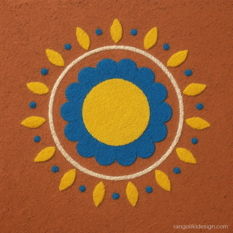 Easy mandala rangoli designs with blue scallops and yellow teardrops in rings