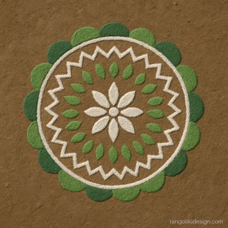 Mandala rangoli designs easy in green and white with a ring of small leaves