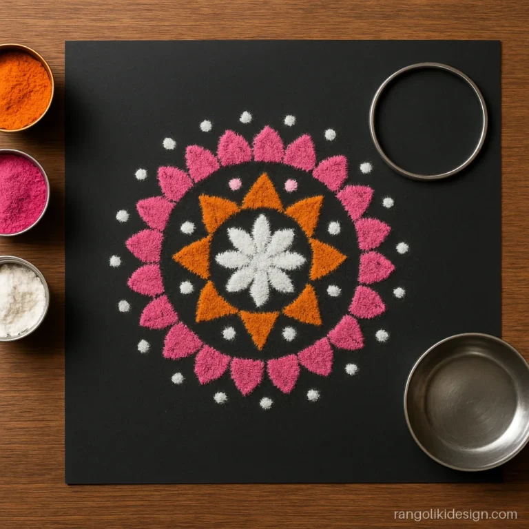 Small mandala rangoli on black chart paper, traced with a bangle for practice
