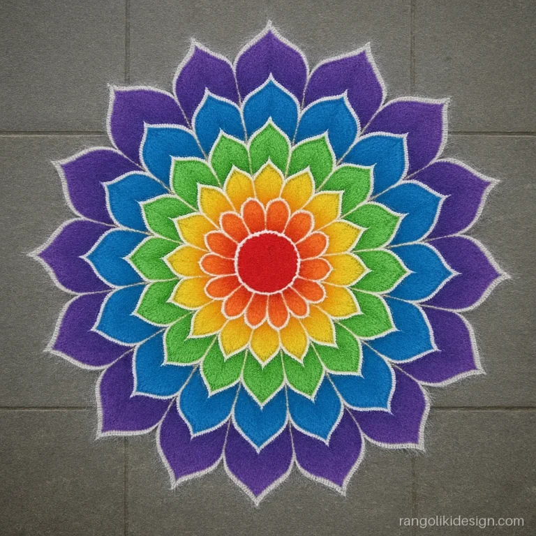 Colourful mandala rangoli design with six rings of petals in rainbow colours