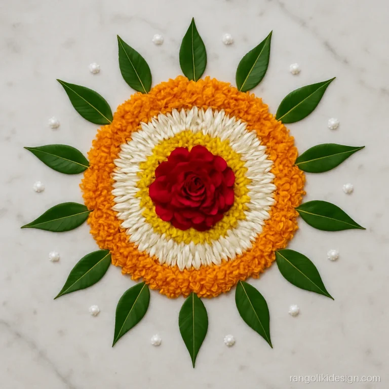 Flower mandala rangoli design made of rose, marigold and shevanti petals