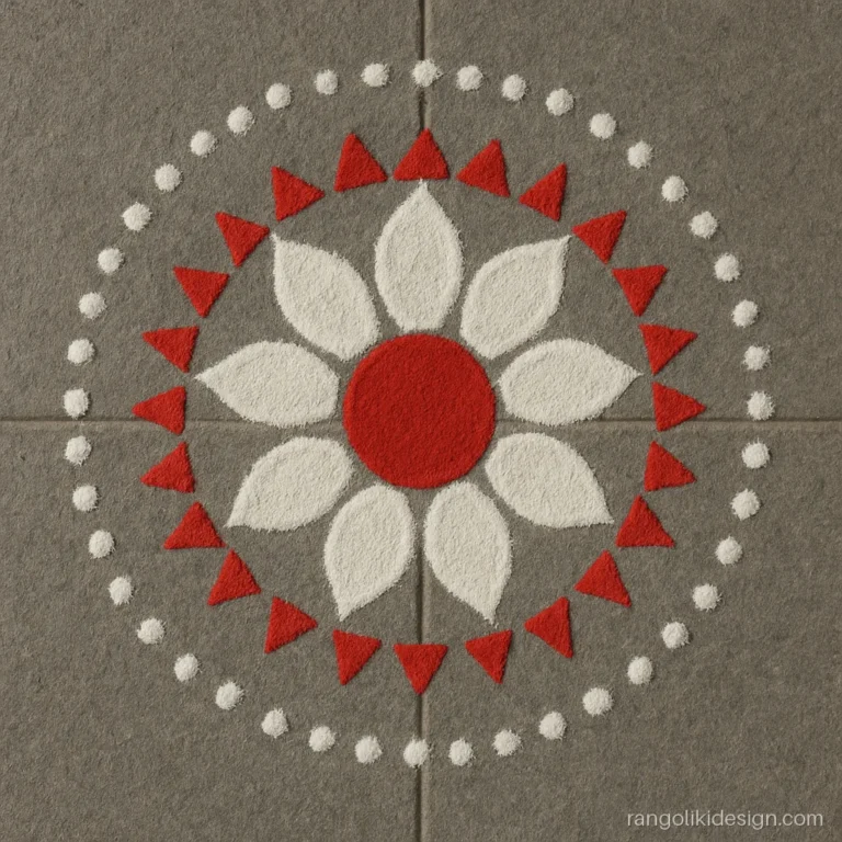 Simple mandala rangoli design with red and white rings of petals and triangles