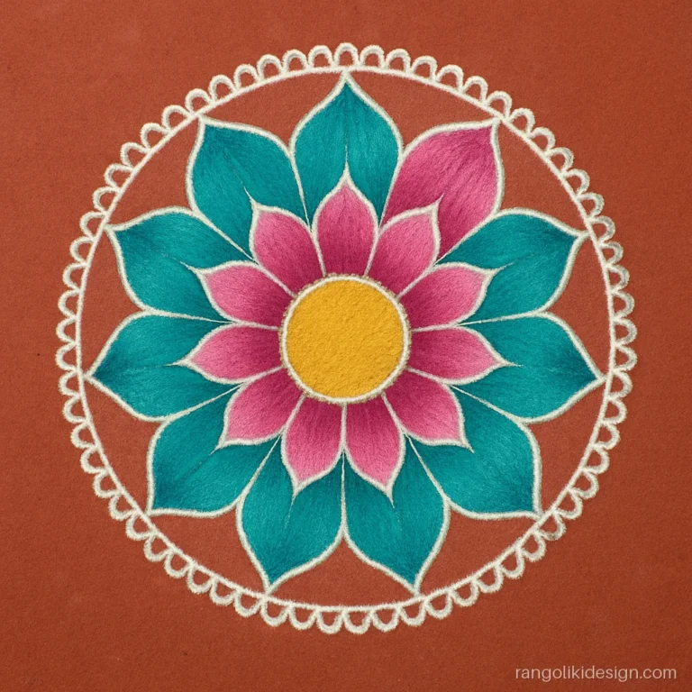 Mandala rangoli designs easy and beautiful with shaded teal and magenta petals