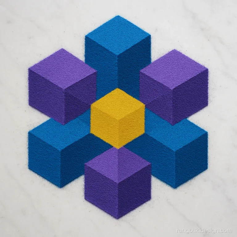 Modern rangoli design with a 3D cube effect flower