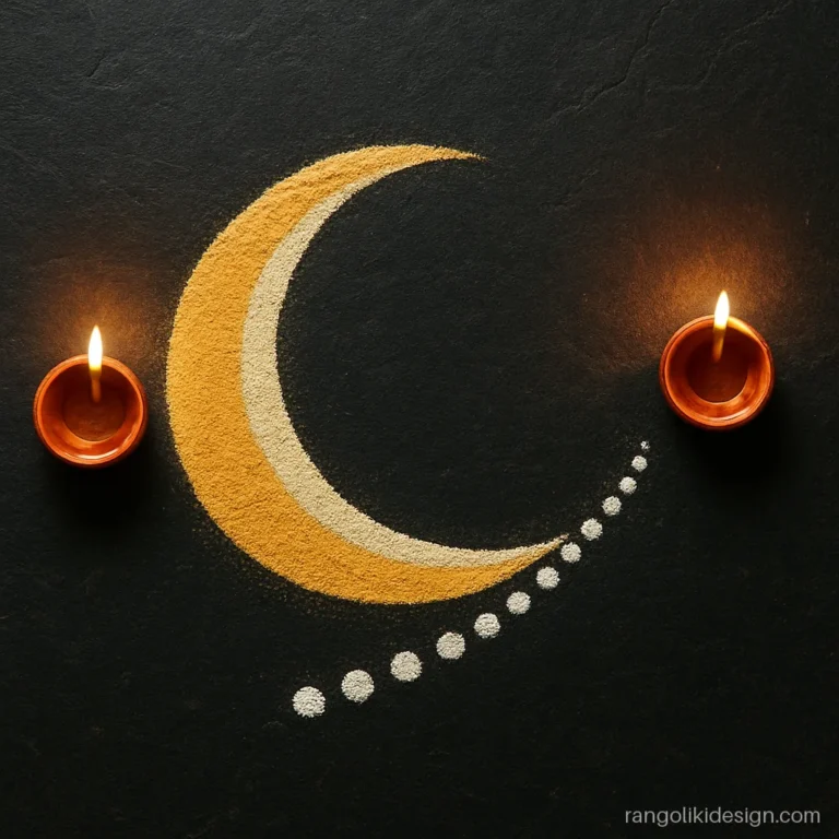 Simple aesthetic rangoli design with a gold crescent and white dots