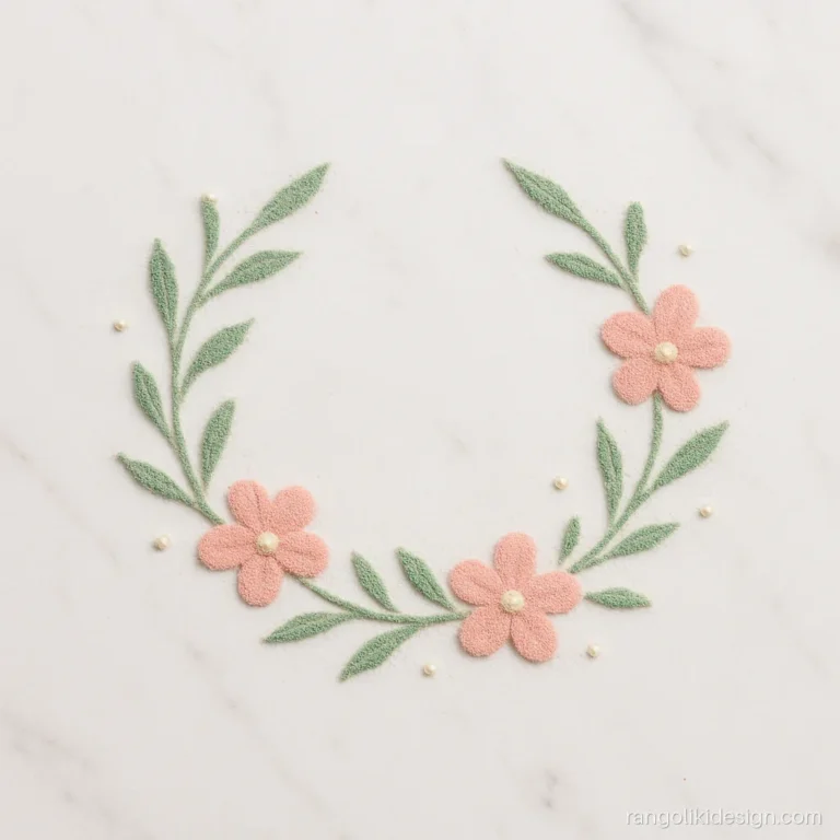 Aesthetic rangoli designs simple style with a sage green leaf arc