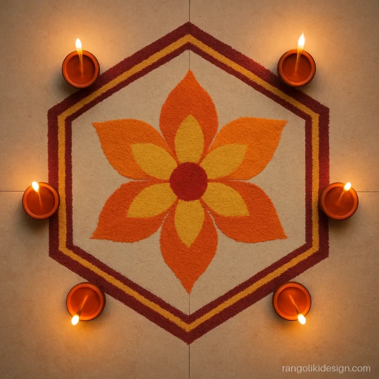 Modern rangoli designs for Diwali with a hexagon frame and diyas