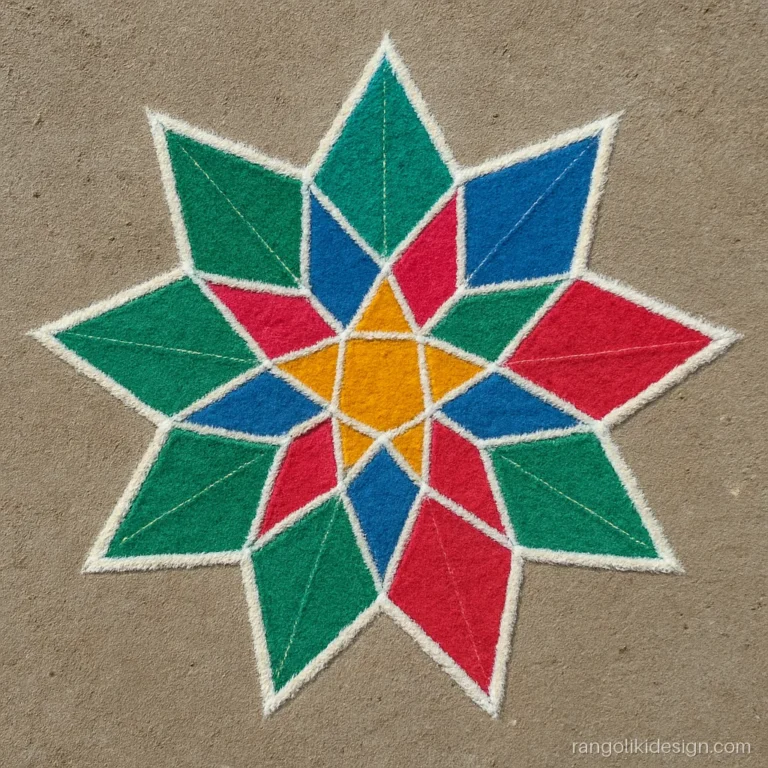 Stylish rangoli design with a mosaic star in jewel tones