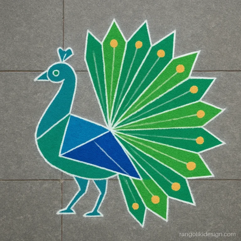Modern art rangoli designs with a peacock made of triangles