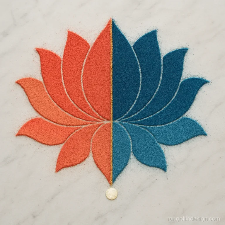 Modern unique rangoli design with a lotus split into two colour halves
