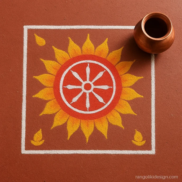 Rangoli designs for Narak Chaturdashi with a sun chakra and diya corners