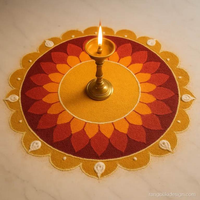 Navratri special rangoli around the akhand jyot brass lamp with a ring of petals
