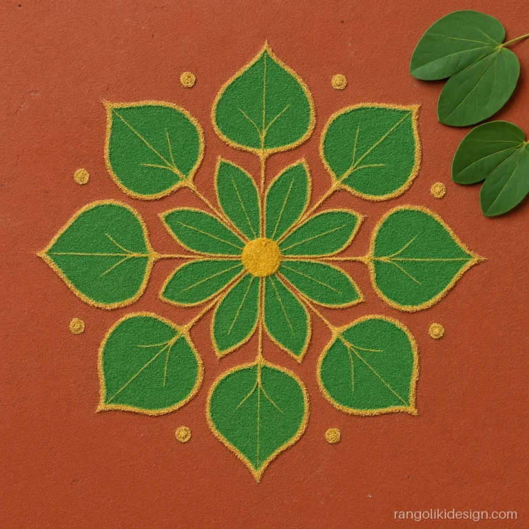 Dasara rangoli with apta leaves, also called sona, in a circle for good luck