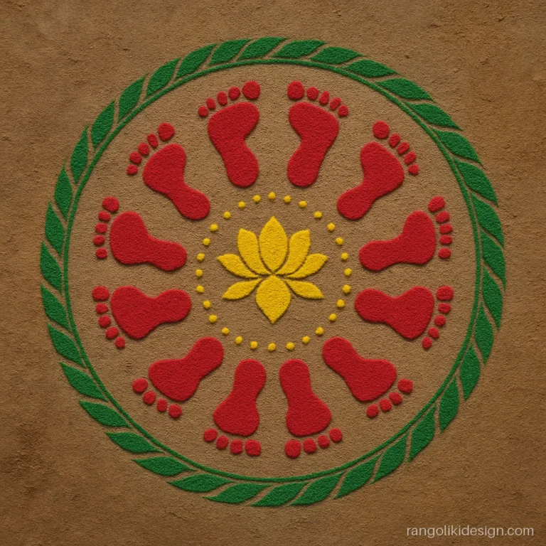 Ashtami rangoli for kanya pujan with nine pairs of small red footprints in a circle