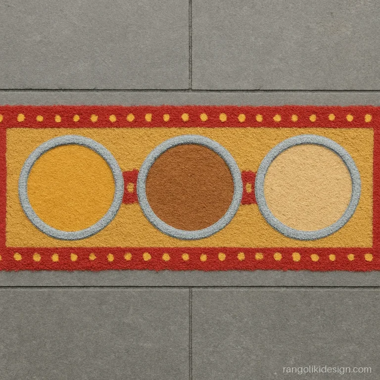 Navratri rangoli designs with three prasad plate shapes, red bangles and a chunri border