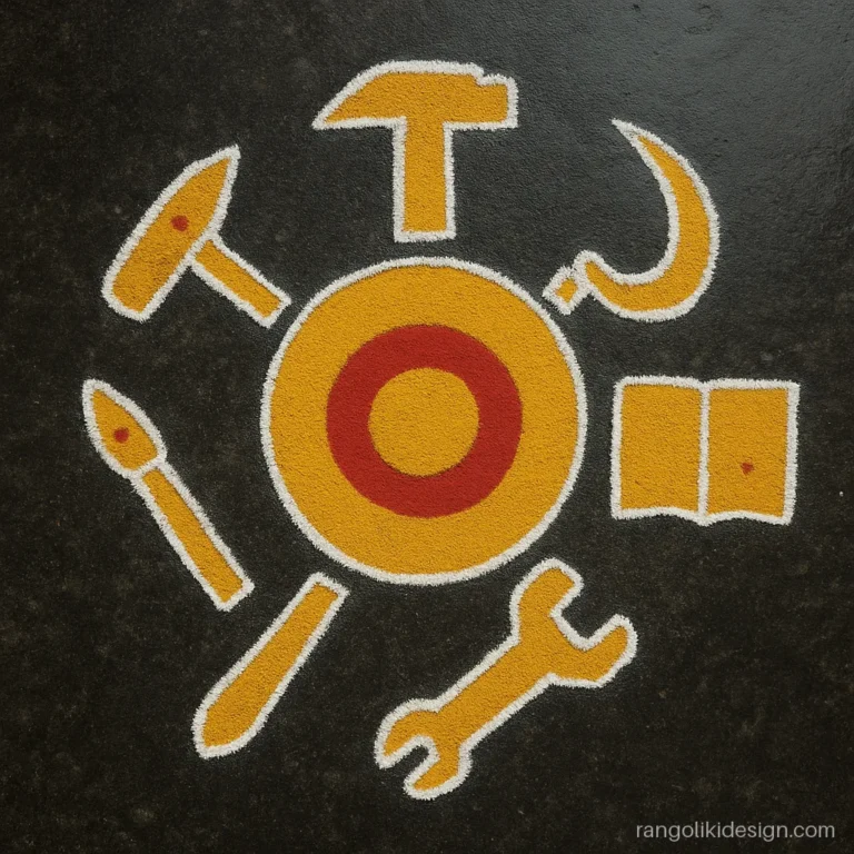 Dasara special rangoli for Ayudha pooja with simple tools around a chakra