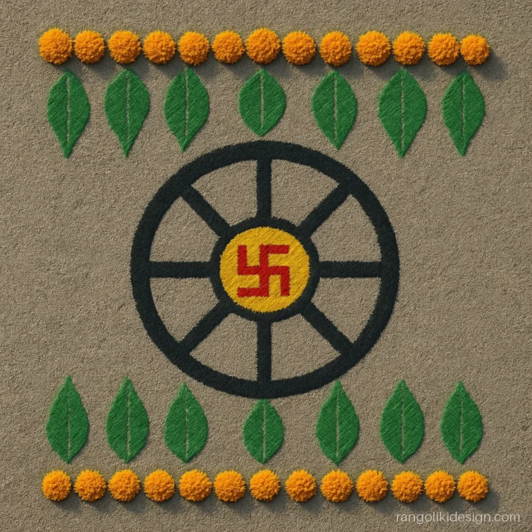 Rangoli designs for dasara drawn in front of a vehicle with wheel and leaf border