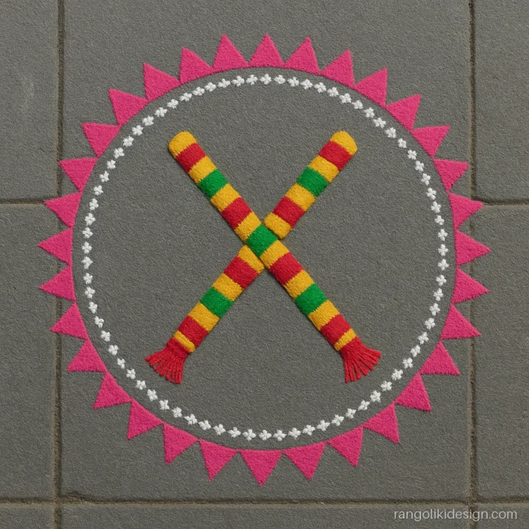Rangoli designs for navratri with crossed dandiya sticks and a mirror circle