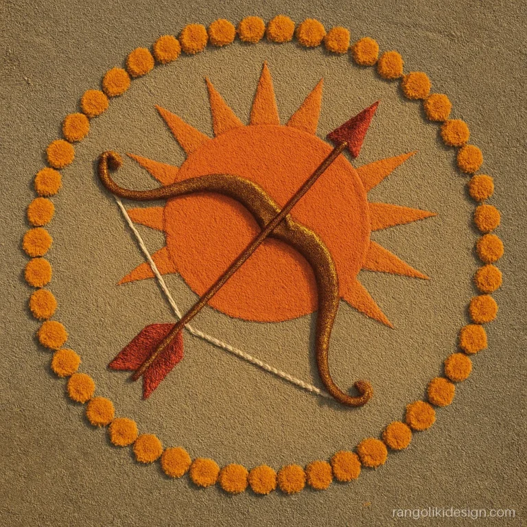 Dussehra rangoli design with colours showing a bow and arrow against a sun