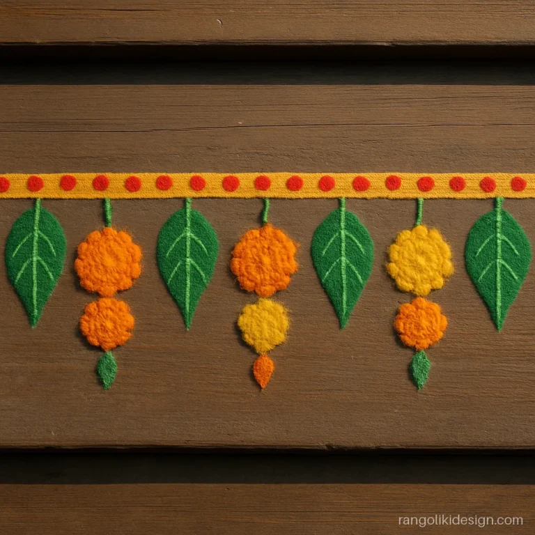 Dasra rangoli design with a marigold toran and mango leaves at the door