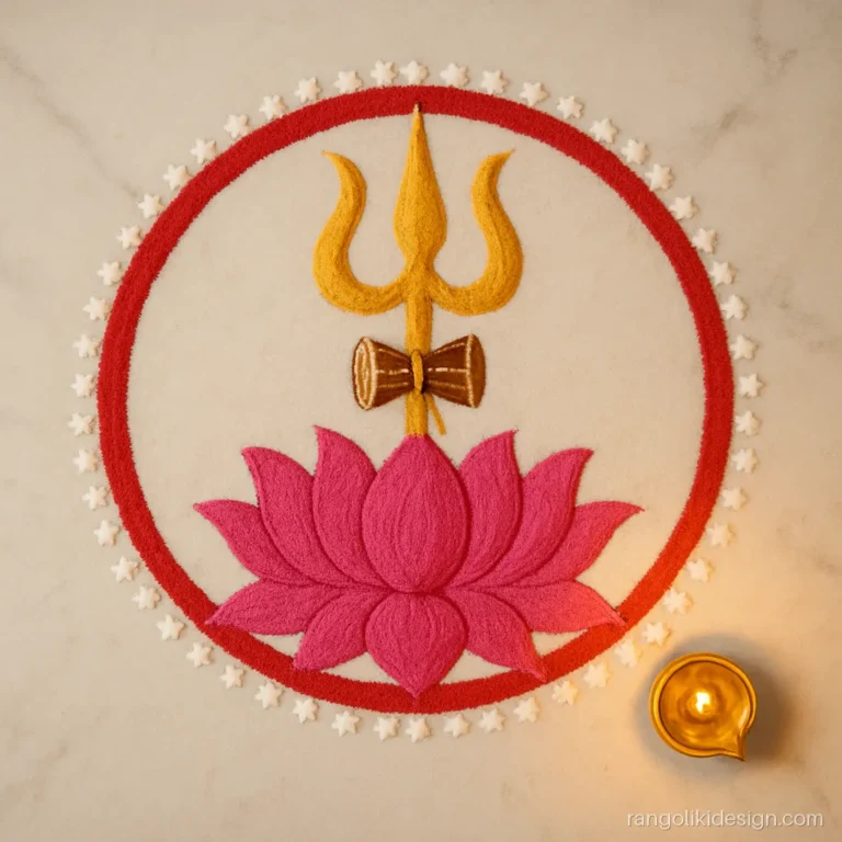 Devi rangoli design with a trishul rising from a pink lotus inside a red ring