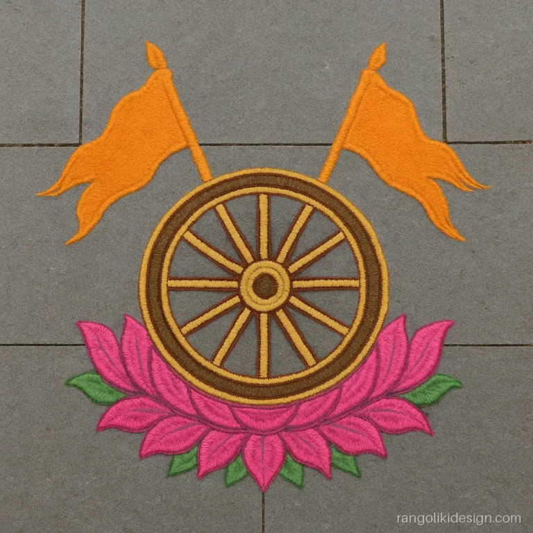 Unique dussehra rangoli designs with saffron victory flags and a chariot wheel